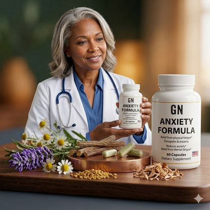 Doctor holding a bottle of 'GN Anxiety Formula' with natural ingredients on a table.