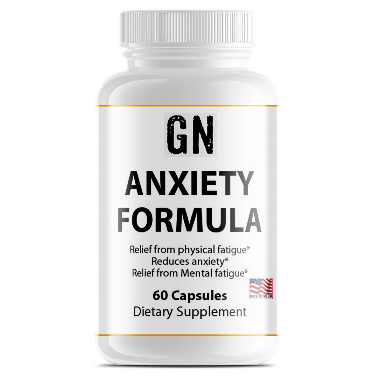 Supplement bottle labeled 'GN Anxiety Formula' on a white background