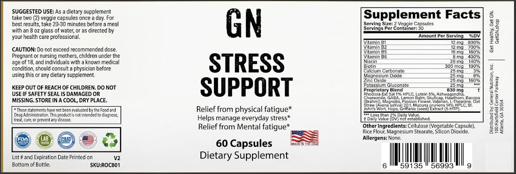 Supplement label for GN Stress Support dietary supplement with text and nutritional information.