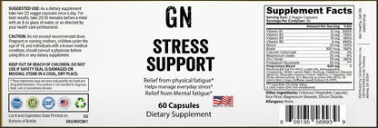 Supplement label for GN Stress Support dietary supplement with text and nutritional information.
