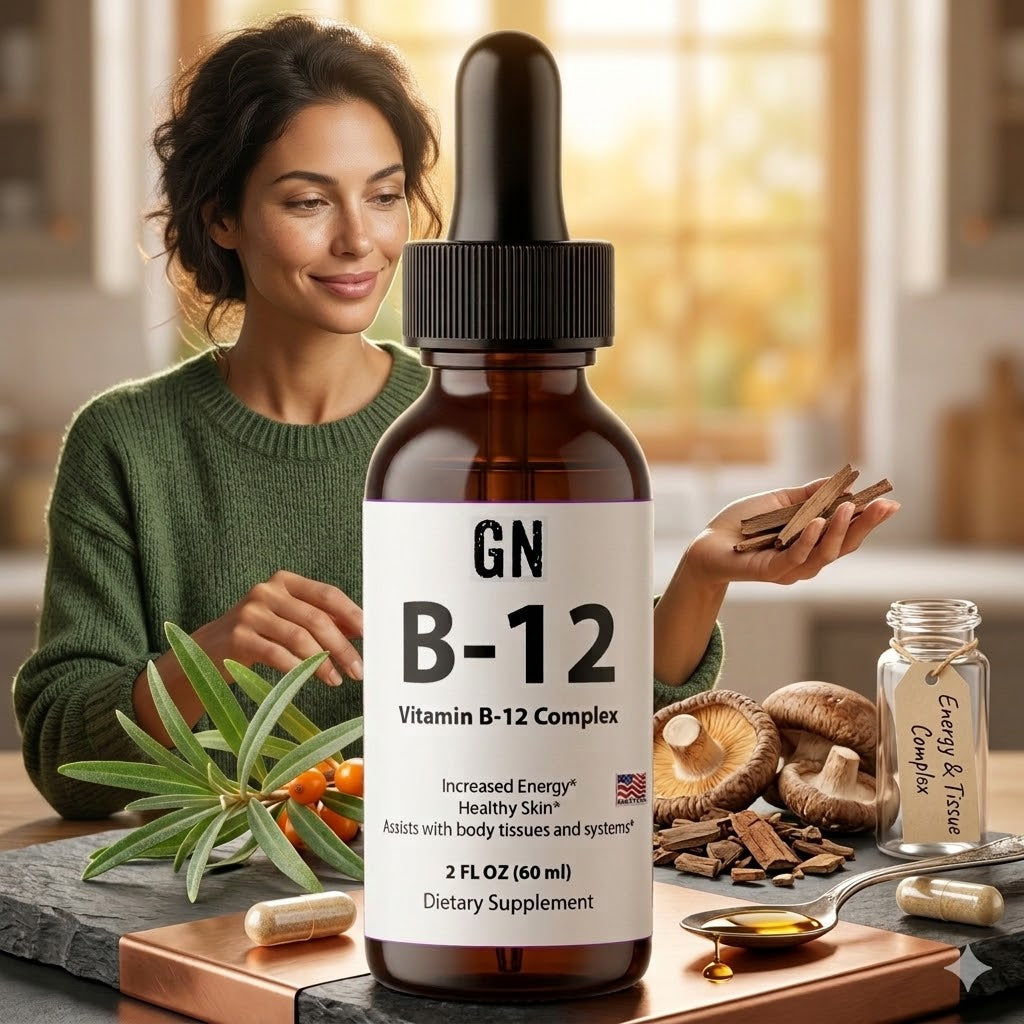 Vitamin B-12 complex bottle with a woman in a kitchen setting