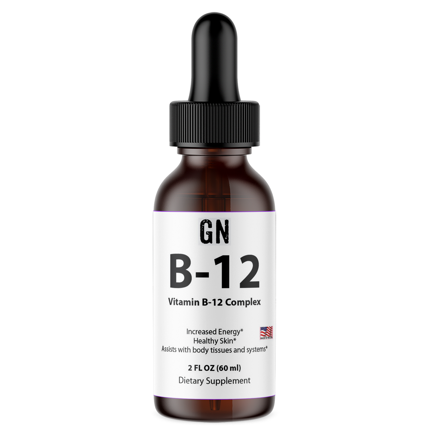 Vitamin B-12 complex dropper bottle with label on a white background