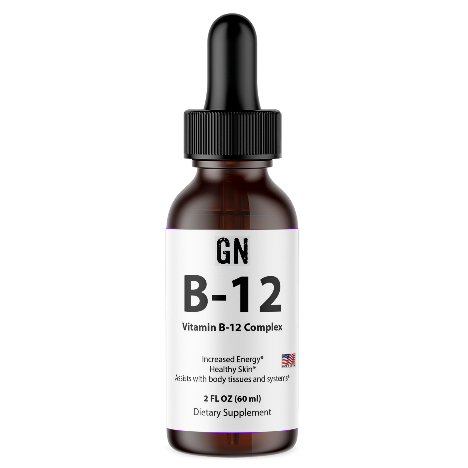 Vitamin B-12 complex dropper bottle with label on a white background