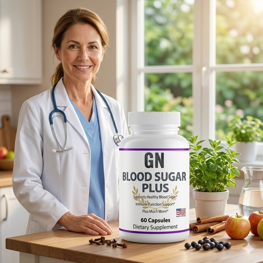 Doctor holding a bottle of 'GN Blood Sugar Plus' supplement in a kitchen setting.