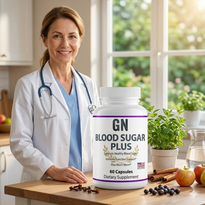 Doctor holding a bottle of 'GN Blood Sugar Plus' supplement in a kitchen setting.