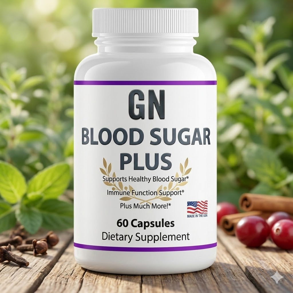 Supplement bottle labeled 'GN Blood Sugar Plus' on a wooden surface with natural elements in the background.
