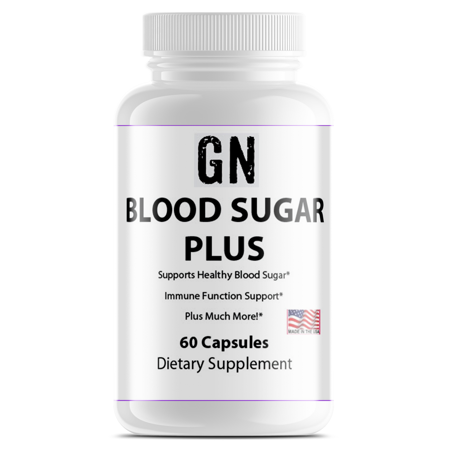 Supplement bottle labeled 'GN Blood Sugar Plus' on a white background