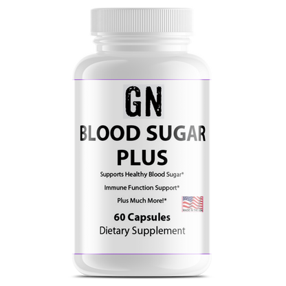 Supplement bottle labeled 'GN Blood Sugar Plus' on a white background