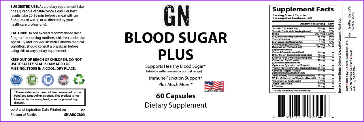 Supplement label for GN Blood Sugar Plus dietary supplement with text and graphics.