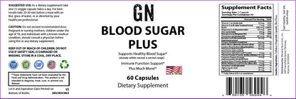 Supplement label for GN Blood Sugar Plus dietary supplement with text and graphics.