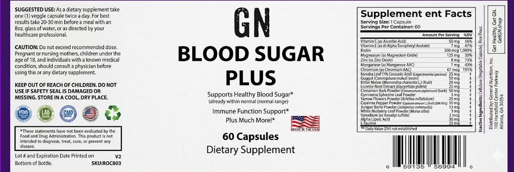 Supplement label for GN Blood Sugar Plus with text and logos on a white background