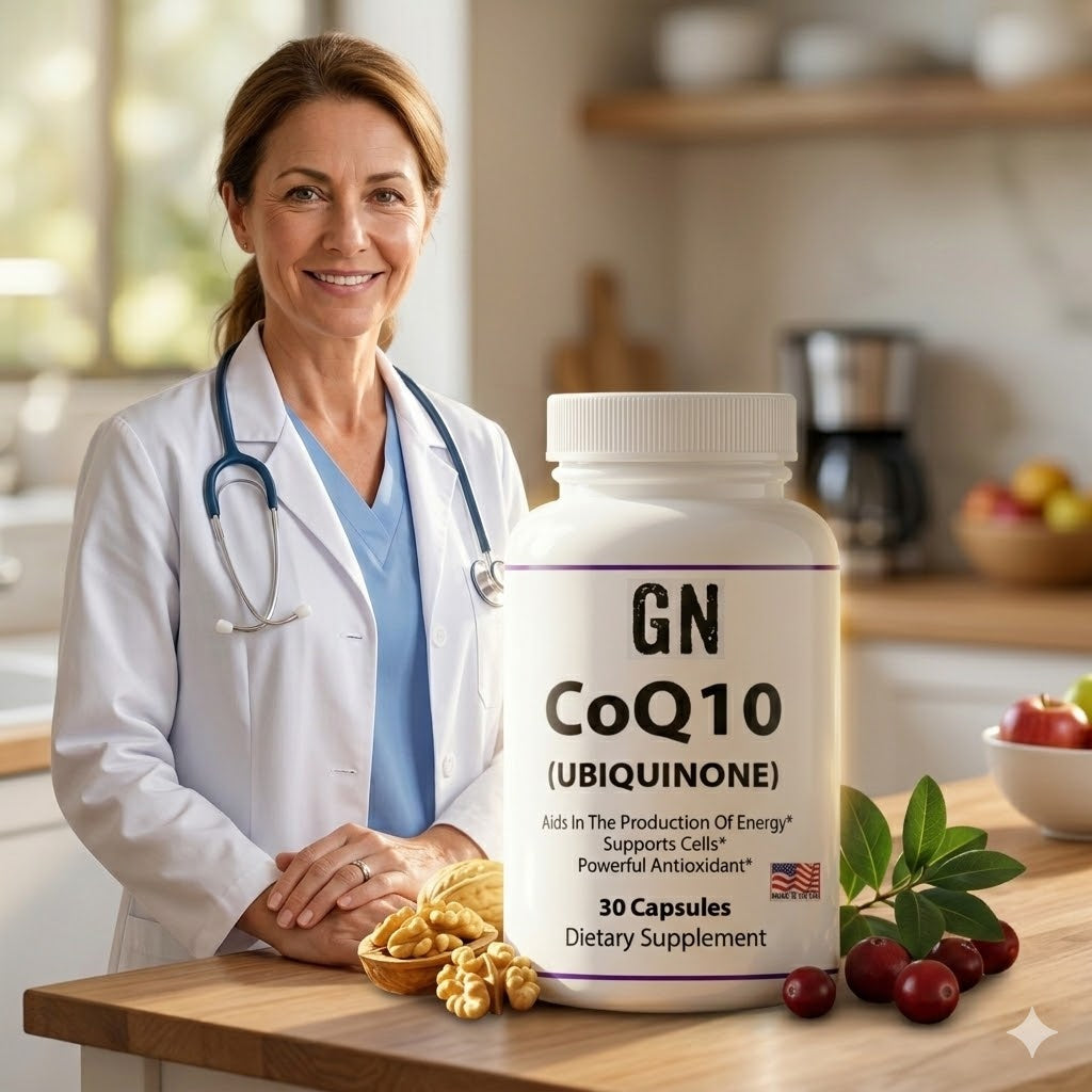 Woman in a white coat standing next to a bottle of GN CoQ10 Ubiquinone on a kitchen counter.