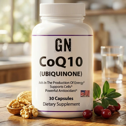 Supplement bottle labeled 'GN CoQ10 (Ubiquinone)' on a kitchen counter with nuts and berries.