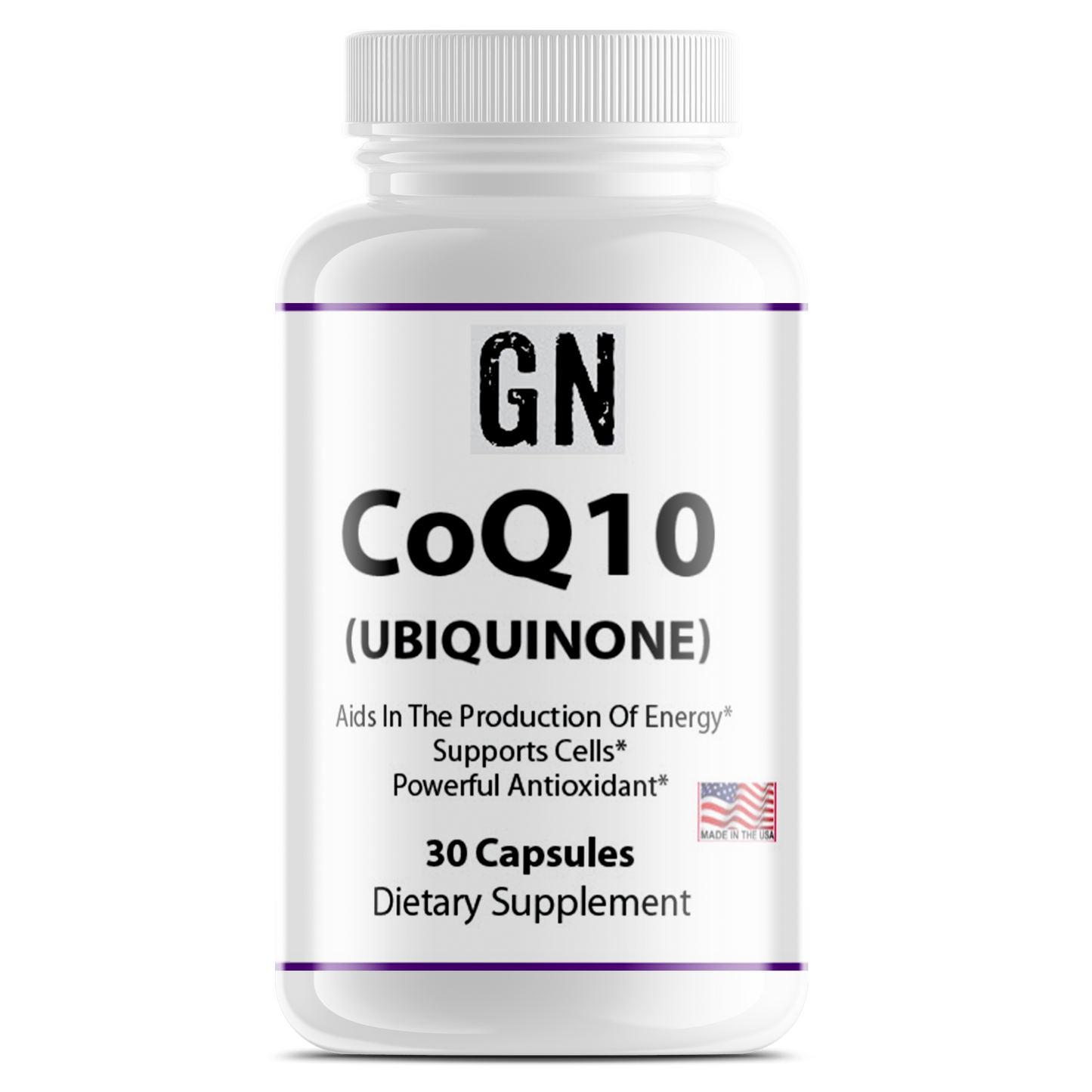 Supplement bottle labeled 'GN CoQ10 Ubiquinone' on a white background