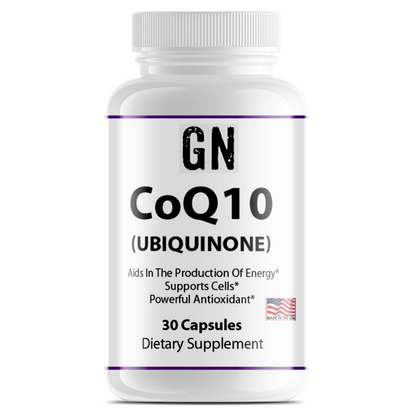 Supplement bottle labeled 'GN CoQ10 Ubiquinone' on a white background
