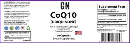 Supplement label for GN CoQ10 Ubiquinone dietary supplement with text and graphics.