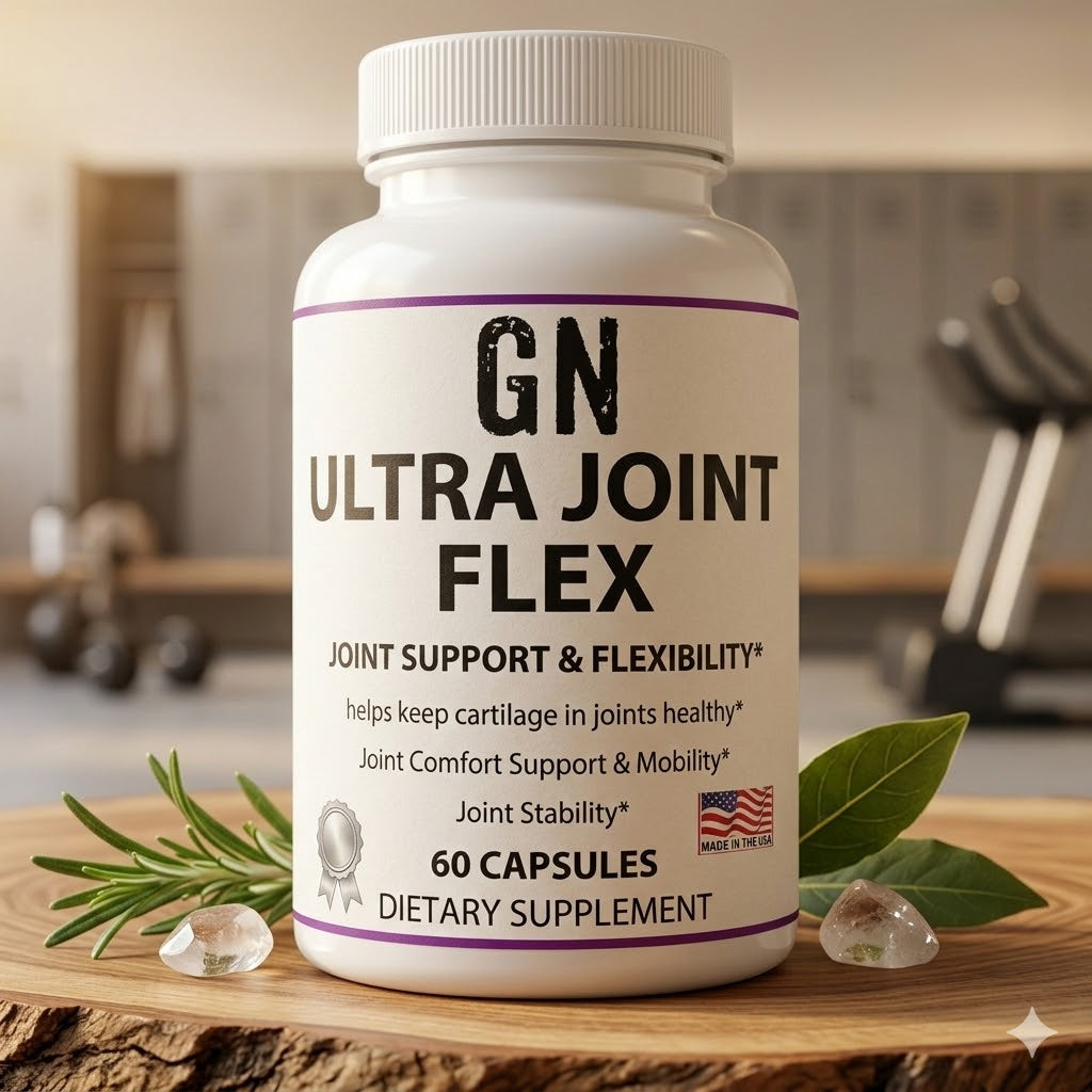 Supplement bottle labeled 'GN Ultra Joint Flex' on a wooden surface with a kitchen background.