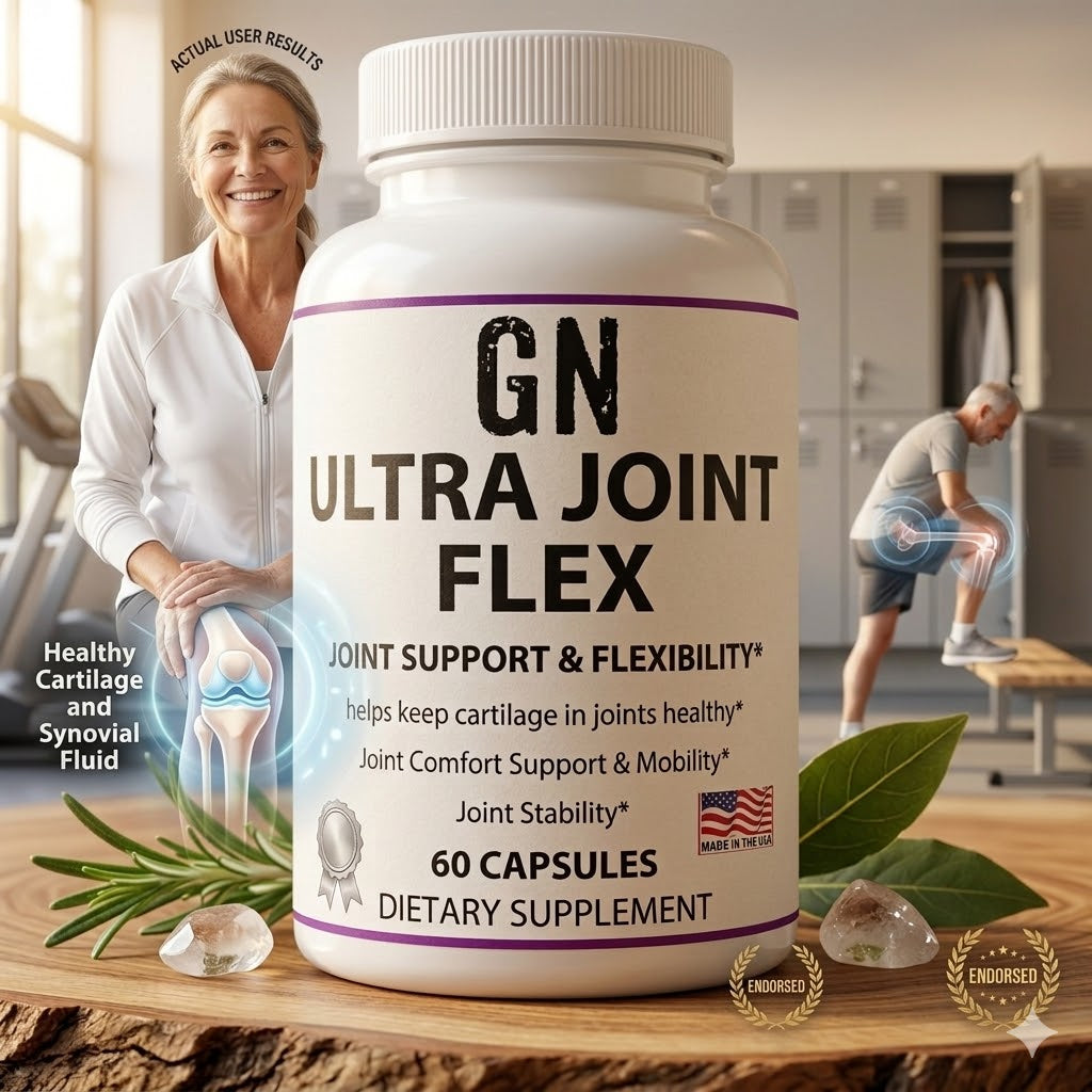 Supplement bottle labeled 'GN Ultra Joint Flex' on a wooden surface with a blurred background of people exercising.
