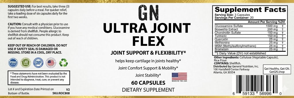 Supplement label for GN Ultra Joint Flex showing ingredients and nutritional information.