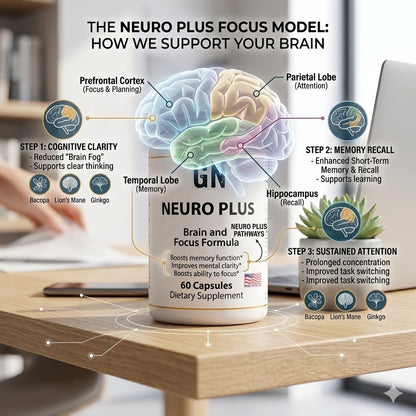 Neuro Plus brain and focus formula supplement with brain diagram on a desk
