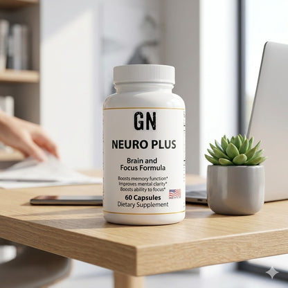 Supplement bottle labeled 'GN Neuro Plus' on a desk with a blurred office background