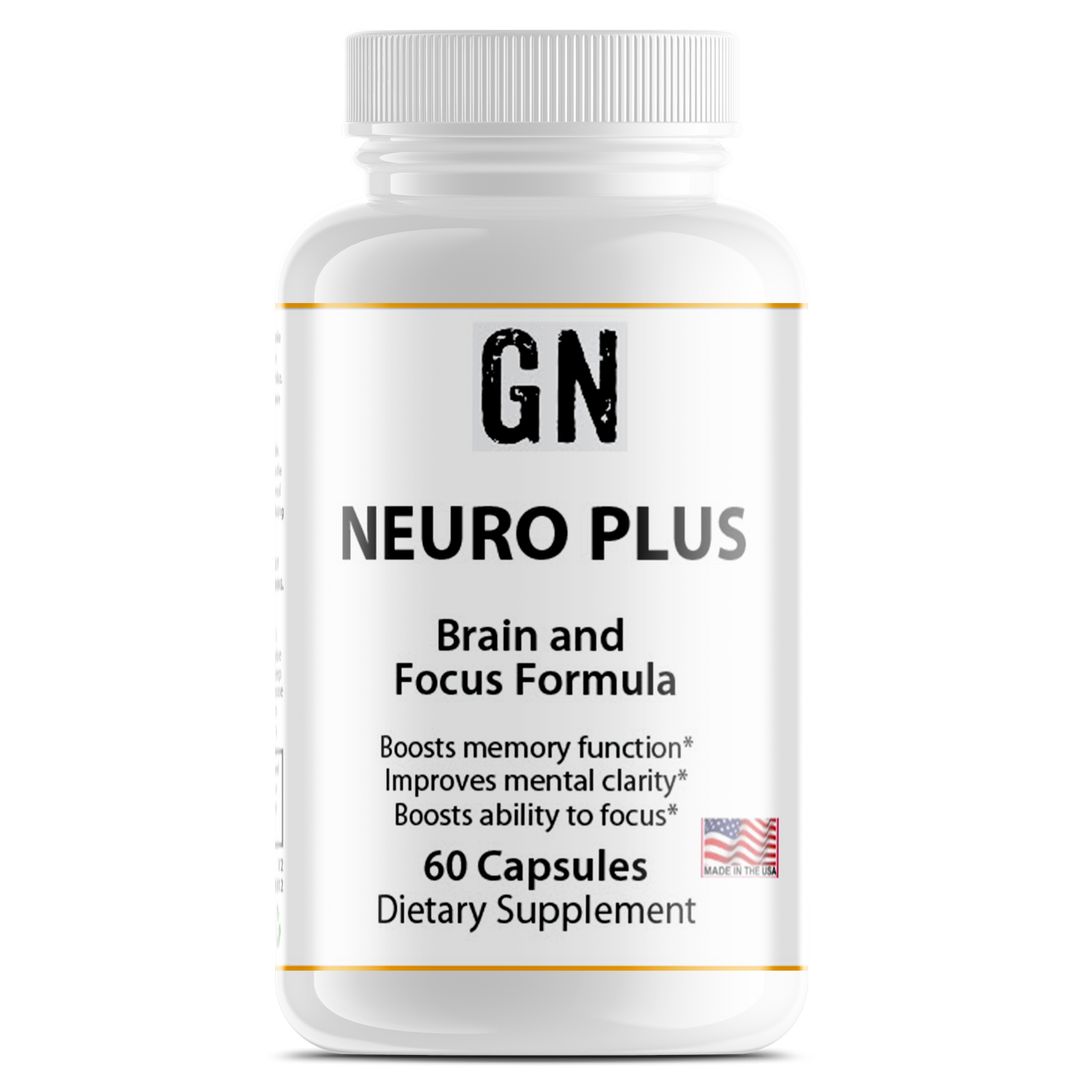 Supplement bottle labeled 'GN Neuro Plus' on a white background
