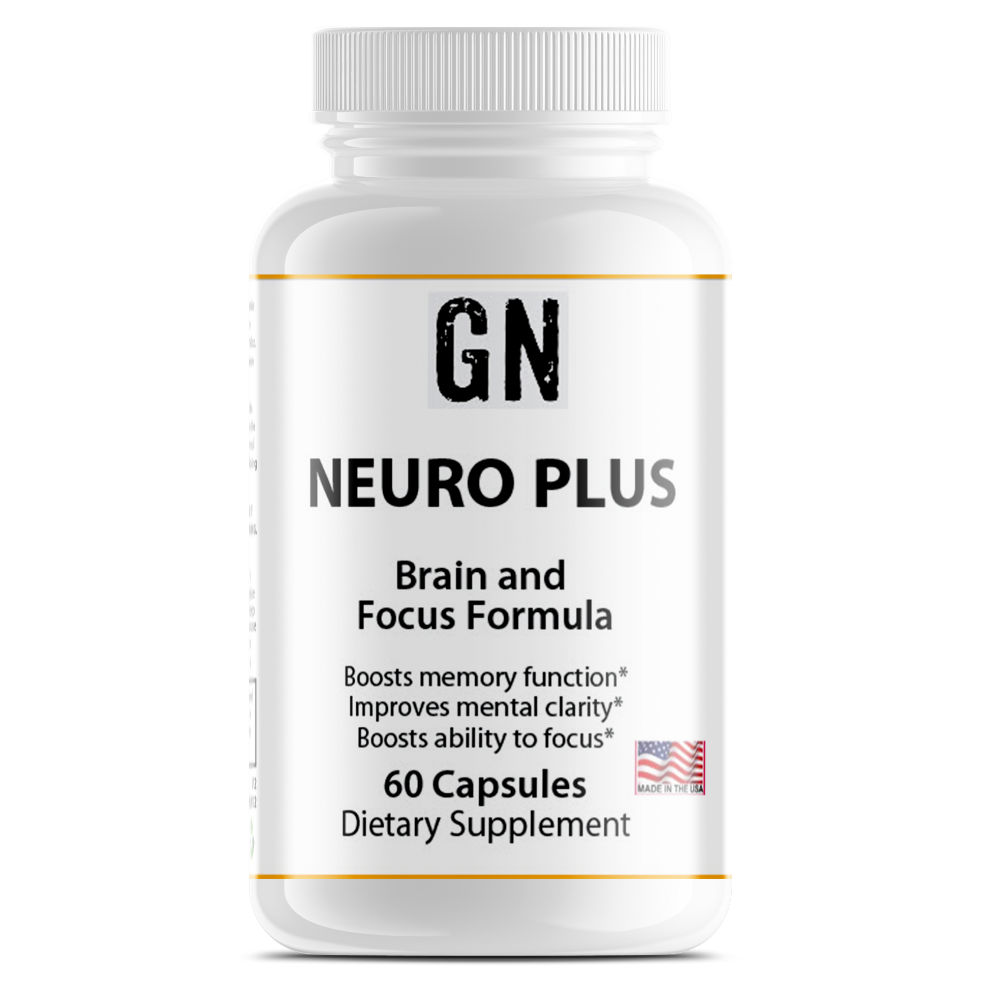 Supplement bottle labeled 'GN Neuro Plus' on a white background