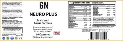 Supplement label for GN Neuro Plus with supplement facts and product details.