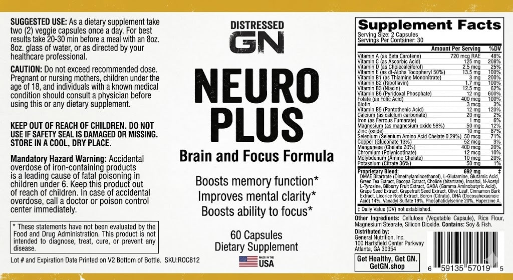 Neuro Plus supplement label with supplement facts and ingredients on a yellow background