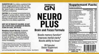 Neuro Plus supplement label with supplement facts and ingredients on a yellow background