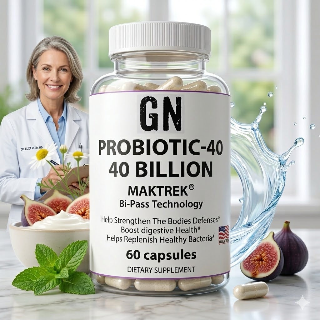 Bottle of GN Probiotic-40 supplement with a woman in a lab coat in the background.