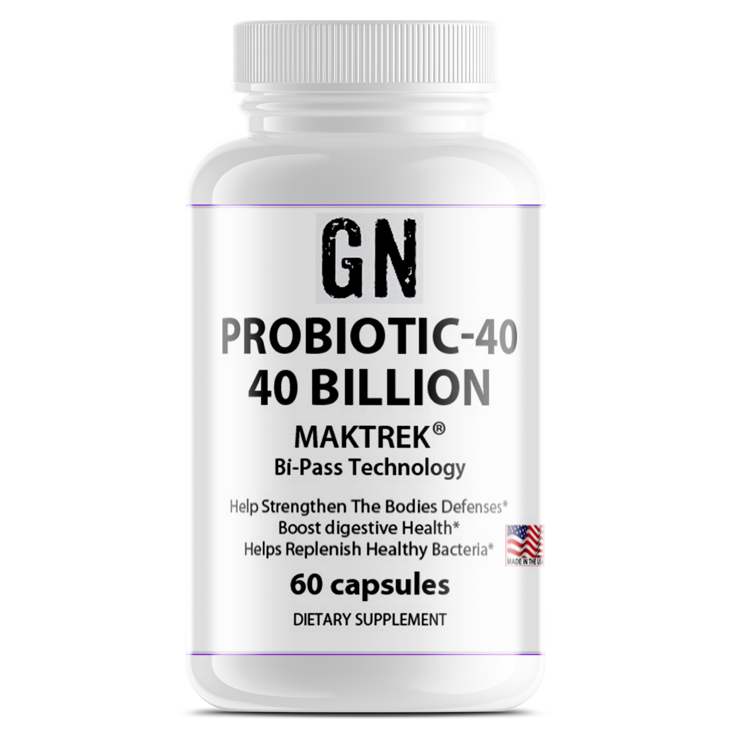 Supplement bottle labeled 'GN Probiotic-40' on a white background