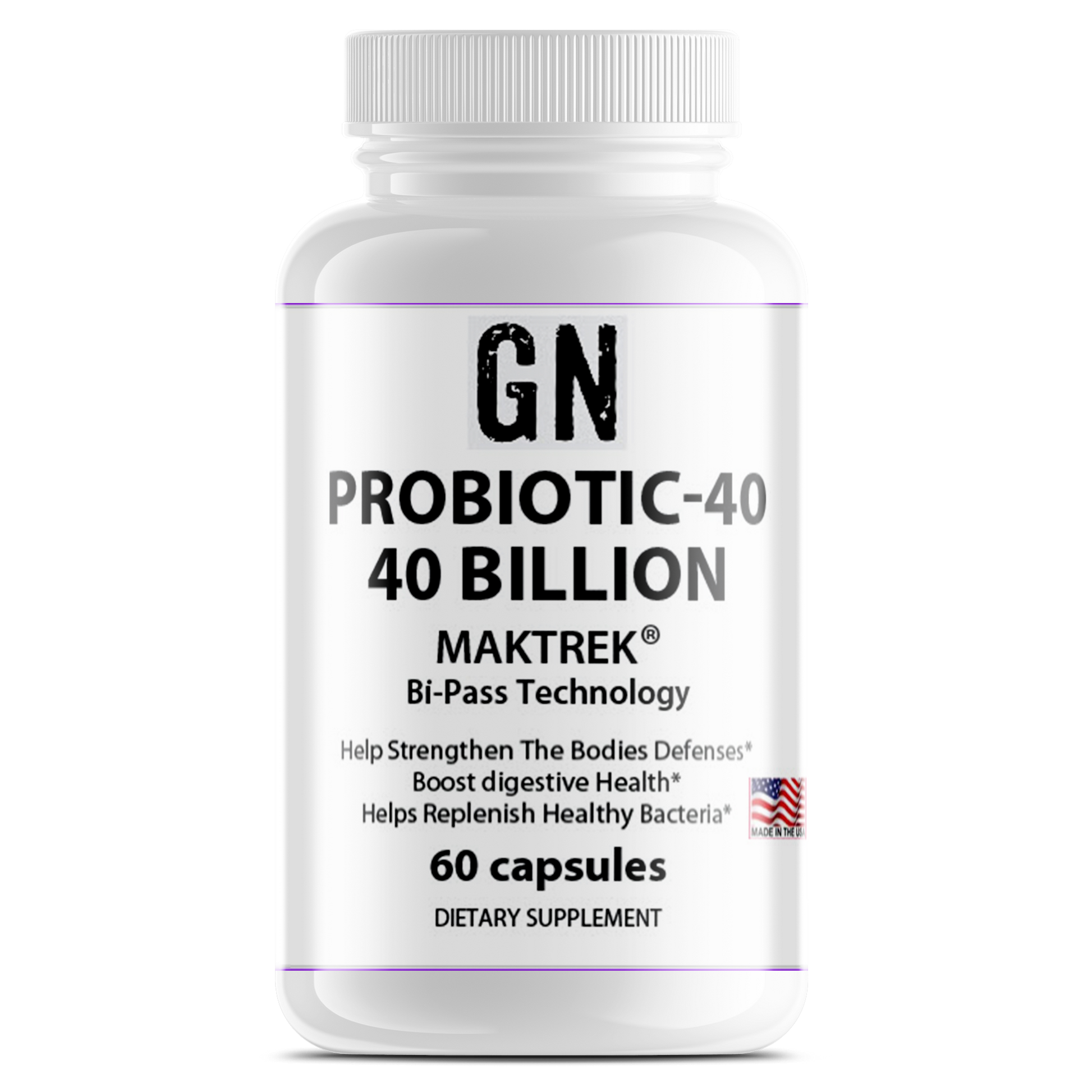 Supplement bottle labeled 'GN Probiotic-40' on a white background