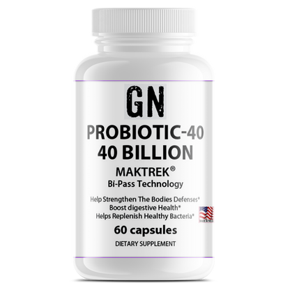 Supplement bottle labeled 'GN Probiotic-40' on a white background