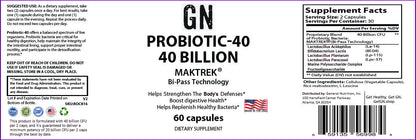 Supplement label for GN Probiotic-40 with branding and product details.