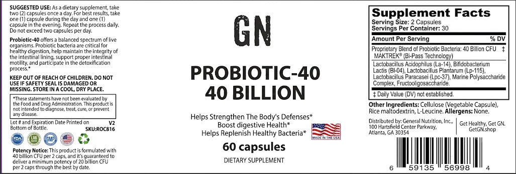 Supplement label for Probiotic-40 with 40 billion CFUs on a white background