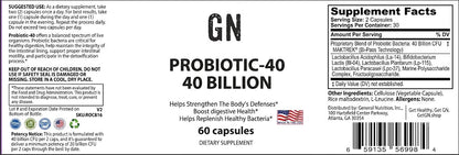 Supplement label for Probiotic-40 with 40 billion CFUs on a white background