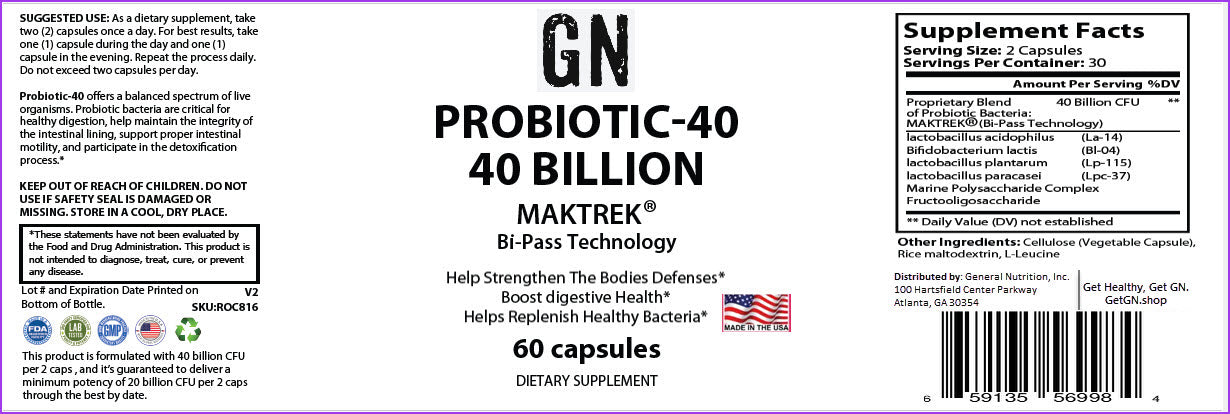 Supplement label for GN Probiotic-40 with branding and product details.