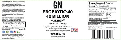 Supplement label for GN Probiotic-40 with branding and product details.