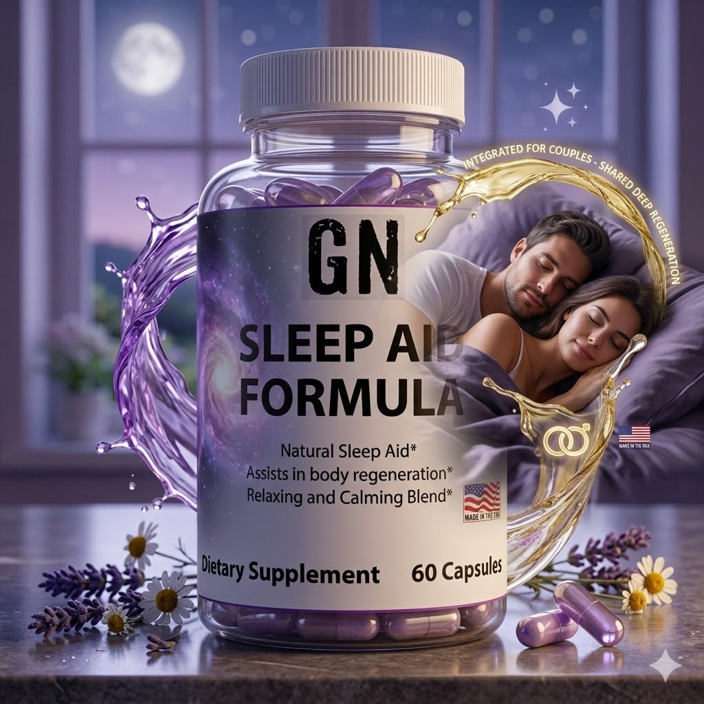 Sleep aid supplement bottle with a couple in bed and lavender flowers on a night scene background