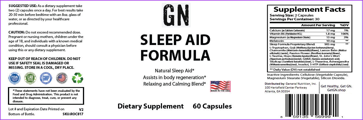 Sleep aid formula supplement label with text and logos