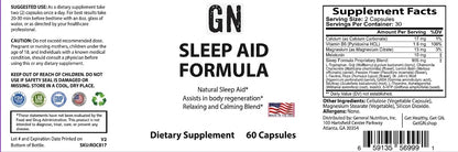 Supplement label for 'GN Sleep Aid Formula' with text and graphics on a white background.