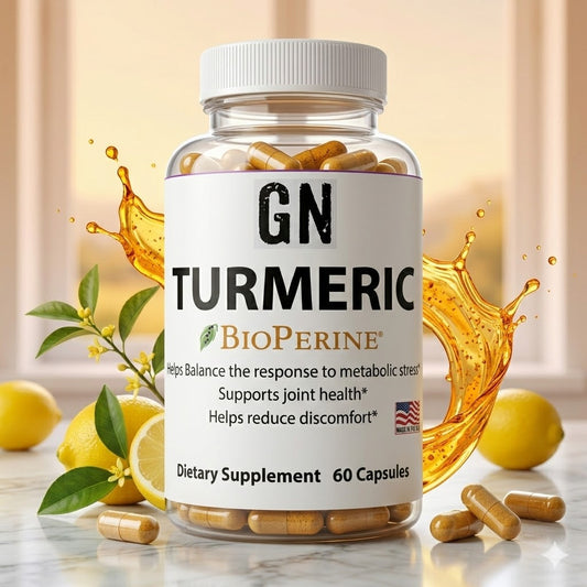Bottle of GN Turmeric BioPerine dietary supplement with lemons and oil on a marble surface.