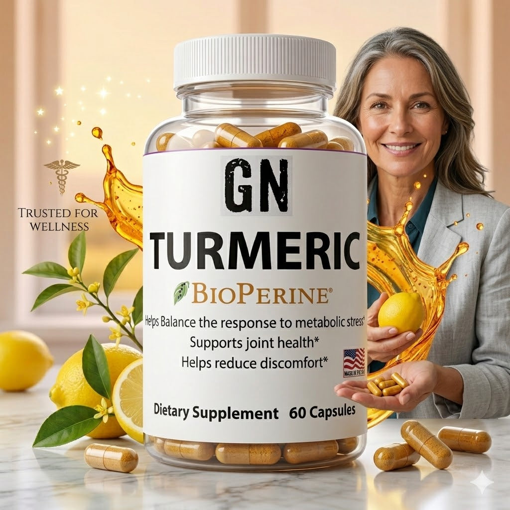 Supplement bottle labeled 'GN Turmeric BioPerine' with a woman holding capsules and lemons in the background.