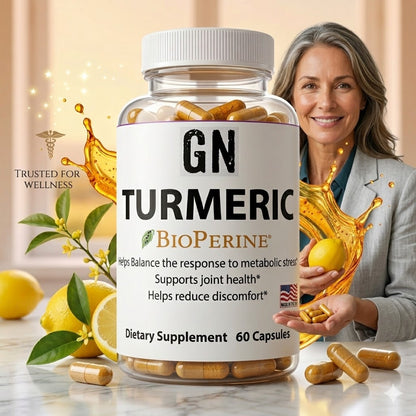 Supplement bottle labeled 'GN Turmeric BioPerine' with a woman holding capsules and lemons in the background.