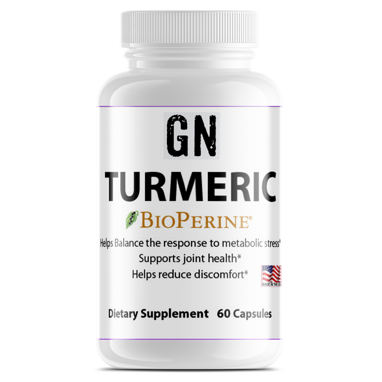 Supplement bottle labeled 'GN Turmeric BioPerine' on a white background