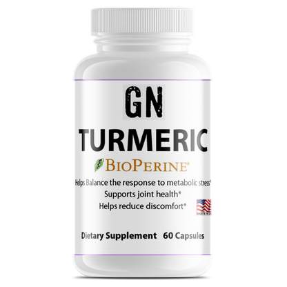 Supplement bottle labeled 'GN Turmeric BioPerine' on a white background