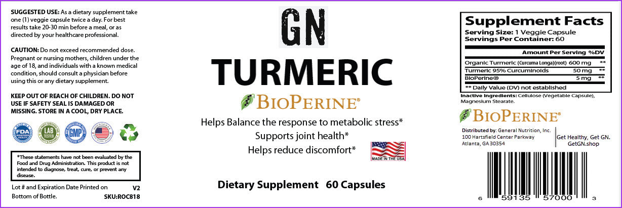 Supplement label for GN Turmeric with BioPerine on a purple background