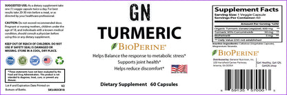 Supplement label for GN Turmeric with BioPerine on a purple background