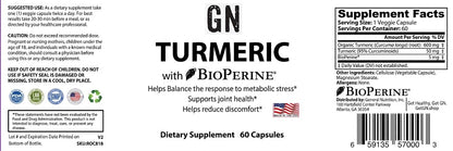 Supplement label for GN Turmeric with BioPerine on a white background